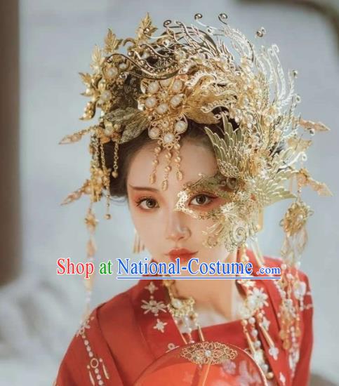 Chinese Traditional Wedding Headwear Ancient Imperial Concubine Golden Phoenix Crown and Mask