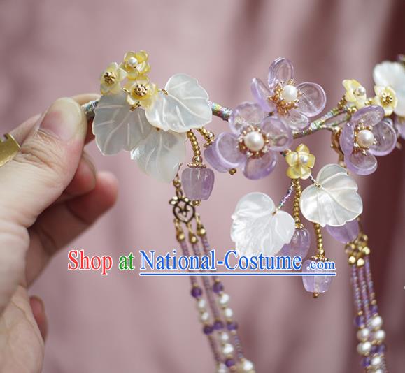 Chinese Ancient Palace Lady Shell Leaf Tassel Hairpin Traditional Song Dynasty Amethyst Flowers Hair Stick