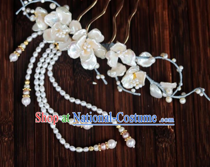 Chinese Ancient Princess Shell Flowers Hairpin Traditional Song Dynasty Court Pearls Tassel Hair Comb