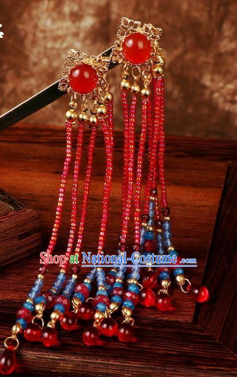 Chinese Ancient Princess Red Beads Tassel Hairpin Traditional Ming Dynasty Wedding Hair Stick