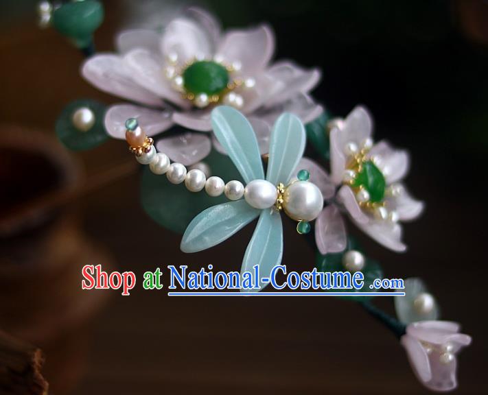 Chinese Ancient Princess Rose Quartz Lotus Hairpin Traditional Song Dynasty Pearls Dragonfly Hair Stick
