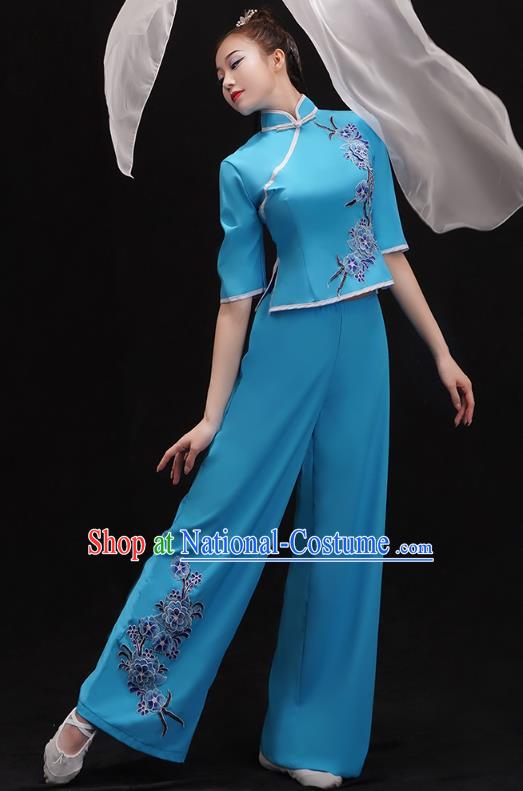China Folk Dance Fan Dance Clothing Women Group Dance Performance Costume Yangko Dance Blue Uniforms
