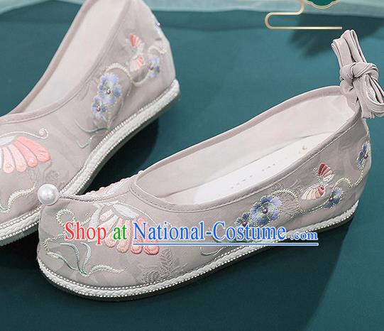 China Ancient Ming Dynasty Princess Shoes Embroidered Butterfly Shoes Traditional Grey Cloth Hanfu Shoes