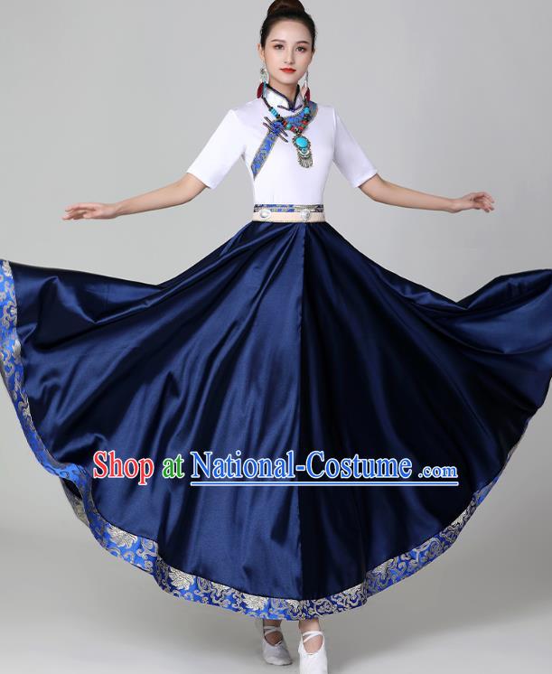Chinese Ethnic Stage Performance Garments Costume Tibetan Dance Navy Dress Traditional Zang Nationality Suits