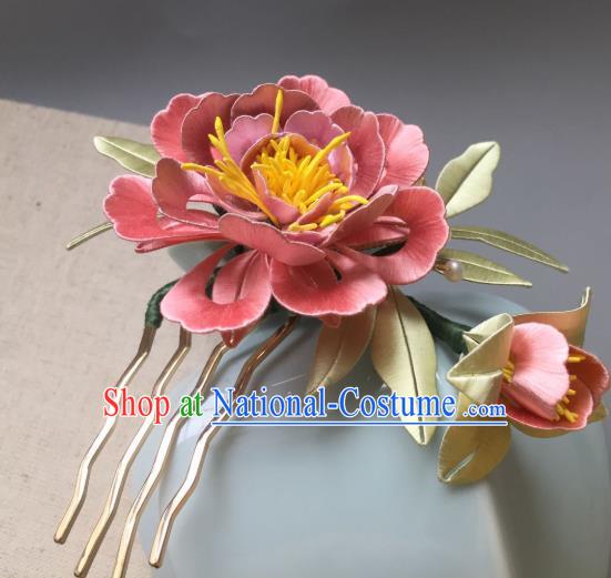 China Ancient Song Dynasty Imperial Concubine Hair Comb Handmade Pink Peony Hairpin Traditional Hanfu Hair Accessories