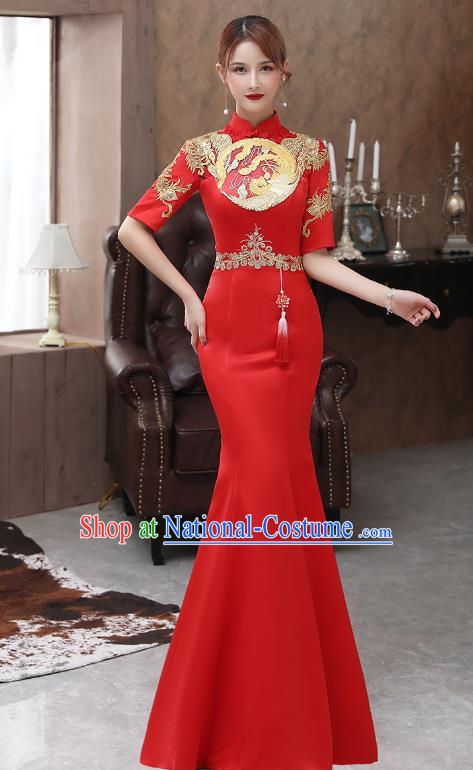 Chinese Stage Show Red Fishtail Qipao Dress Embroidery Phoenix Cheongsam Catwalks Modern Dance Costume