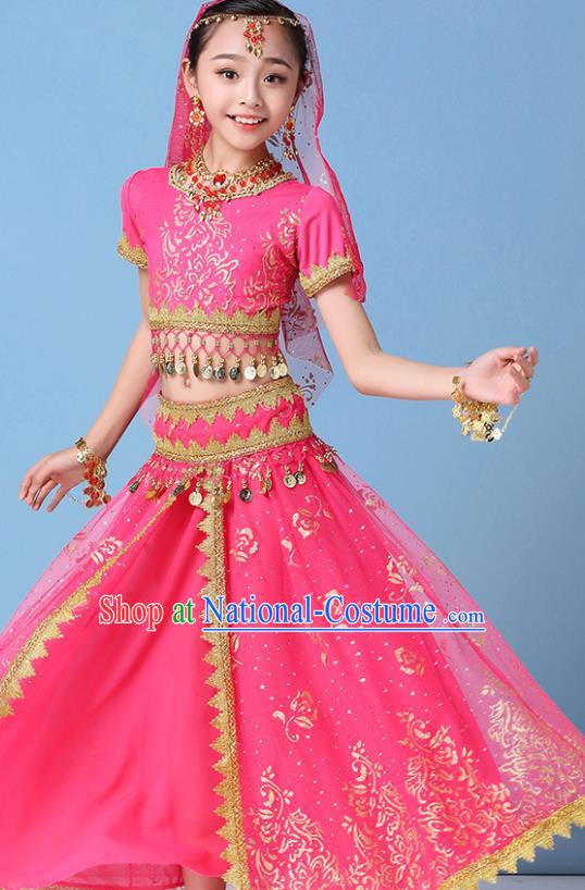 Indian Girls Belly Dance Pink Uniforms Bollywood Performance Top and Skirt Children Dance Clothing