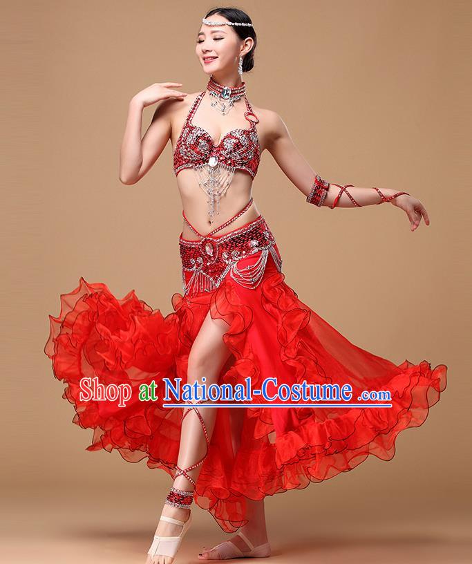 Indian Performance Beads Tassel Bra and Skirt Traditional Belly Dance Red Uniforms Asian Oriental Dance Costumes