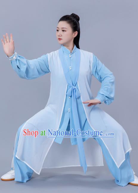 Chinese Tai Chi Performance Clothing Woman Tai Ji Competition Garments Martial Arts Three Pieces Blue Outfits