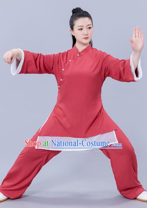 Chinese Martial Arts Competition Red Flax Outfits Tai Chi Performance Clothing Woman Tai Ji Training Garments