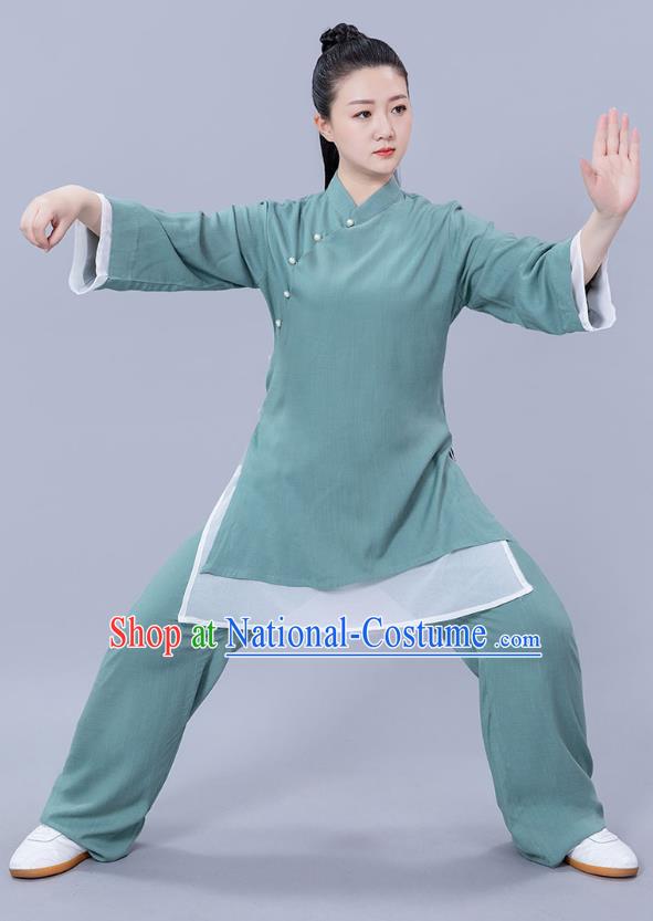 Chinese Woman Tai Ji Training Garments Martial Arts Competition Green Flax Outfits Tai Chi Performance Clothing