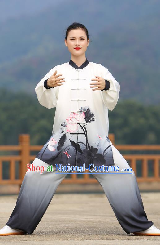 Chinese Kung Fu Printing Lotus Suits Tai Ji Chuan Gradient Black Outfits Tai Chi Group Performance Clothing Martial Arts Competition Garment