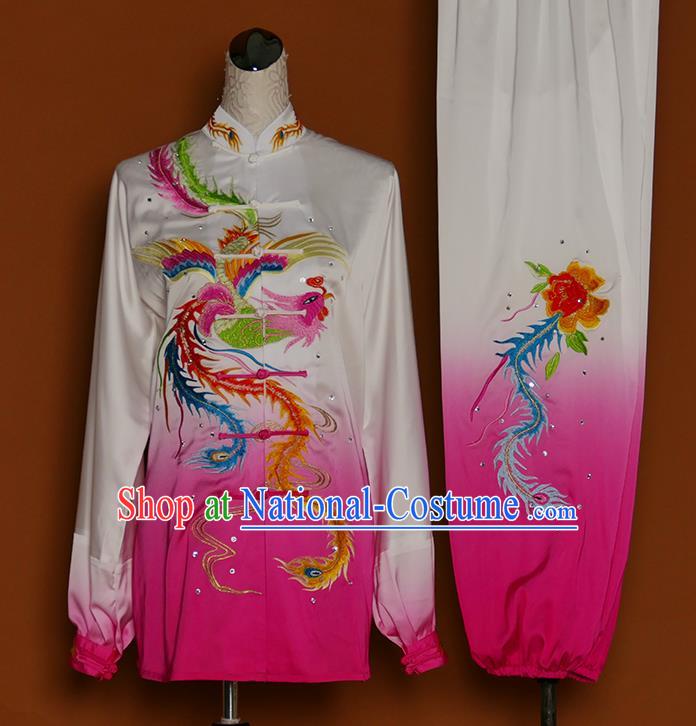 China Tai Chi Group Competition Gradient Rosy Outfits Tai Ji Training Suits Martial Arts Kung Fu Embroidered Phoenix Clothing