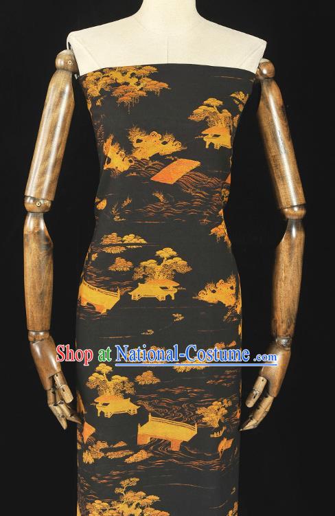 Chinese Cheongsam Silk Cloth Black Gambiered Guangdong Gauze Traditional Landscape Pattern Dress Fabric