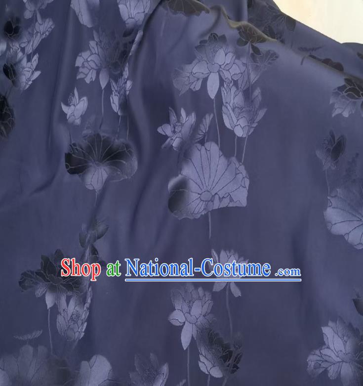 Chinese Traditional Jacquard Brocade Drapery Cheongsam Silk Fabric Classical Lotus Pattern Navy Satin Cloth