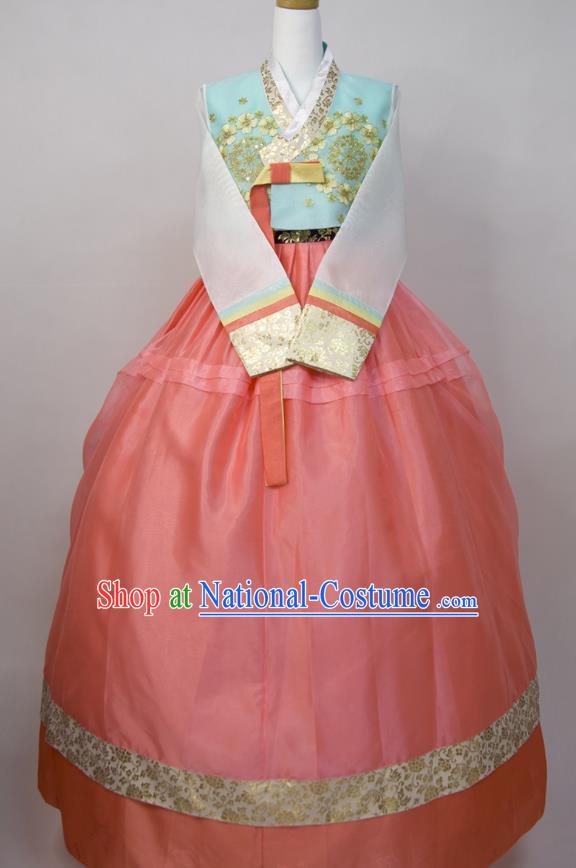Korea Traditional Court Festival Clothing Wedding Fashion Costumes Korean Bride Hanbok Blue Blouse and Pink Dress