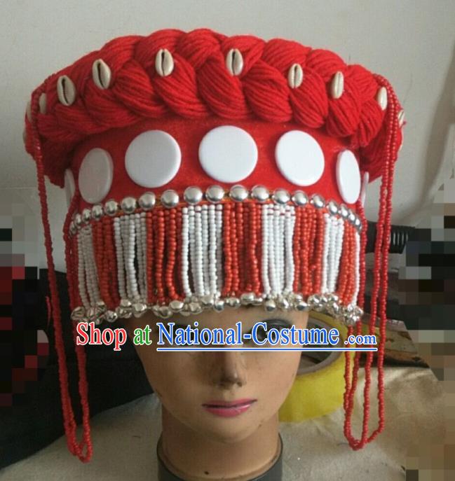 Handmade Chinese Lisu Nationality Folk Dance Headdress Yunnan Ethnic Woman Silver Bells Tassel Hat