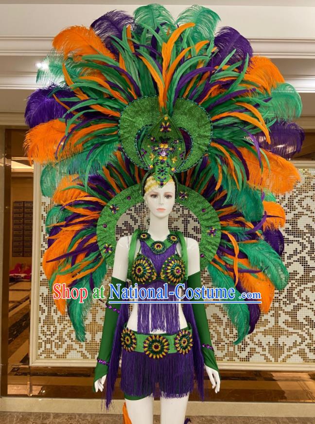Brazilian Carnival Props Professional Samba Dance Clothing Miami Deluxe Green Feathers Wings and Headdress