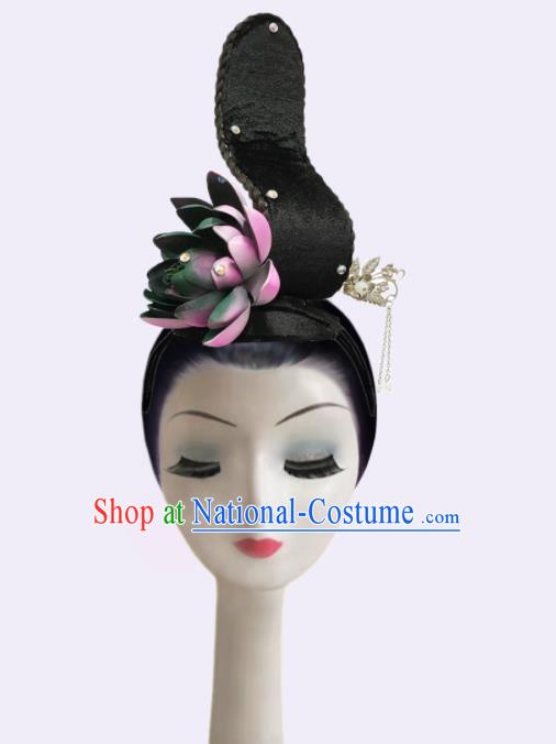 Handmade Chinese Lotus Dance Hairpieces Woman Classical Dance Wigs Chignon Flying Apsaras Dance Hair Accessories