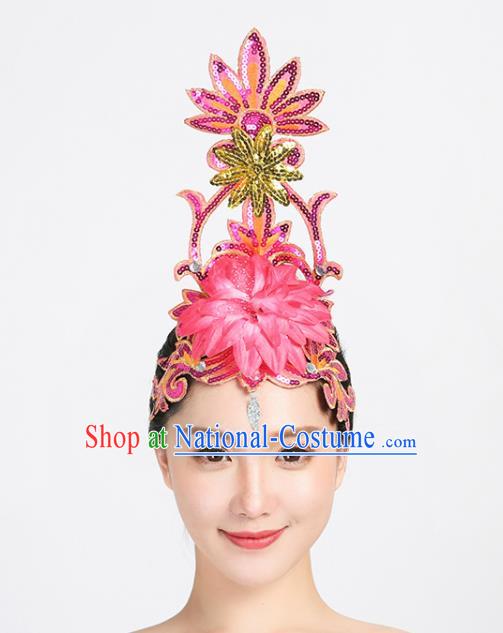 China Spring Festival Gala Opening Dance Headpiece Woman Group Dance Rosy Sequins Hair Stick Modern Dance Hair Accessories