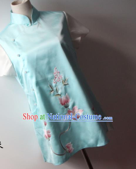 Chinese National Blue Silk Waistcoat Traditional Tang Suit Upper Outer Garment Suzhou Embroidered Lotus Vest