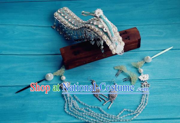 Chinese Qin Dynasty Queen Argent Hair Crown Ancient Empress Jade Hairpins Traditional Hanfu Hair Accessories Complete Set