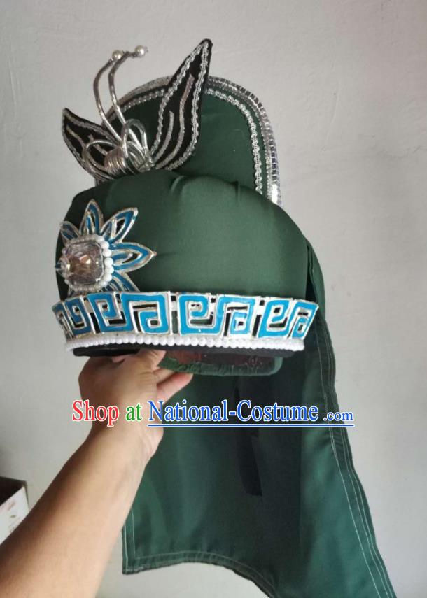 Chinese Traditional Beijing Opera Imperial Bodyguard Green Hat Peking Opera Wusheng Headwear Shaoxing Opera General Headdress