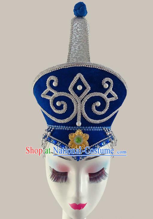 China Mongolian Ethnic Performance Blue Hat Mongolian Nationality Folk Dance Headdress Minority Dance Headwear