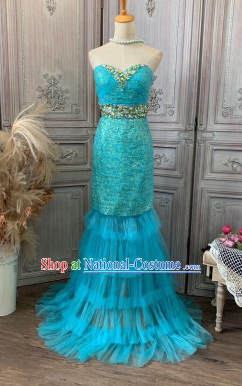 Top Wedding Blue Veil Fishtail Full Dress Waltz Dance Clothing European Princess Garment Costume Annual Meeting Formal Attire