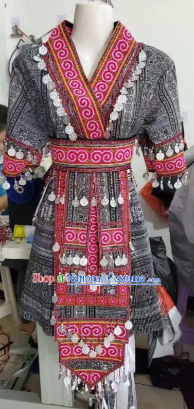 China Miao Nationality Costumes Ethnic Performance Clothing Traditional Hmong Folk Dance Grey Dress Outfits Yunnan Minority Female Garments
