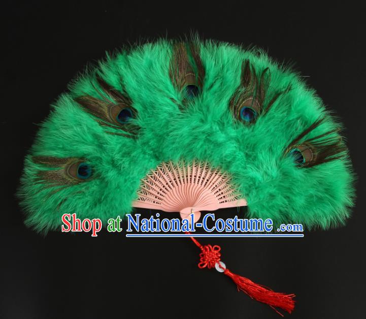 Chinese Stage Show Fan Classical Dance Green Feather Fan Traditional Hanfu Folding Fan Handmade Peacock Feather Fans
