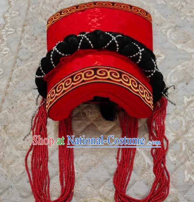 China Handmade Minority Hat Liangshan Ethnic Group Folk Dance Headdress Yi Nationality Woman Red Tile Headwear