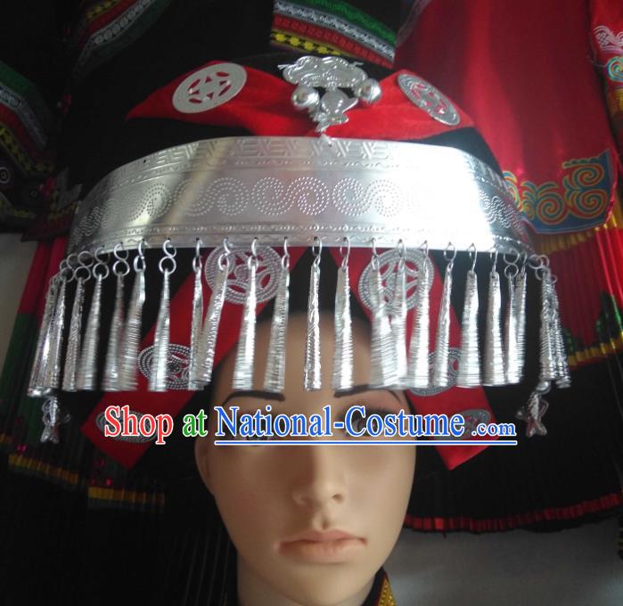 China Liangshan Ethnic Group Bride Headwear Handmade Silver Tassel Circular Hat Yi Minority Wedding Headdress