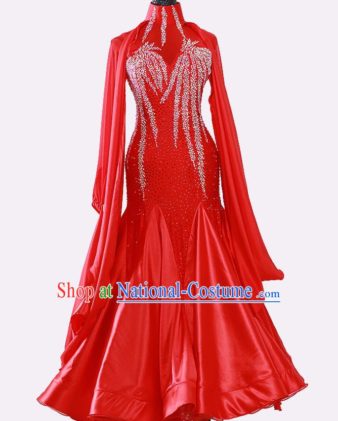 Professional International Dance Competition Clothing Woman Waltz Dance Garment Ballroom Dance Fashion Costume Modern Dance Red Dress