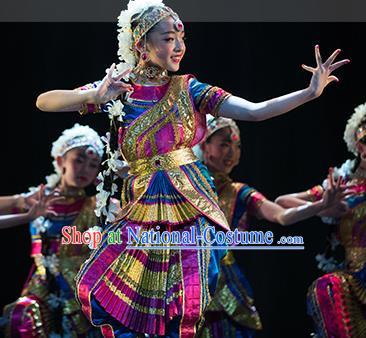 Chinese Yunnan Nationality Girl Folk Dance Clothing Minority Children Dress Uniforms Indian Dance Performance Garment Costumes