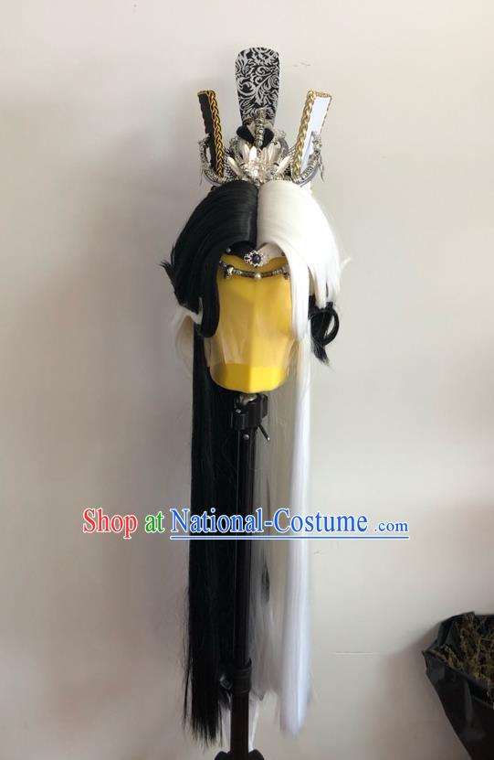 Handmade China Traditional Puppet Show King Headdress Ancient Knight Hairpieces Cosplay Swordsman Wigs and Hair Accessories