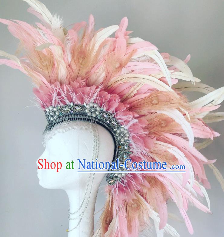 Handmade Stage Performance Headdress Samba Dance Pink Feather Hat Rio Carnival Deluxe Hair Accessories Catwalks Giant Hair Crown