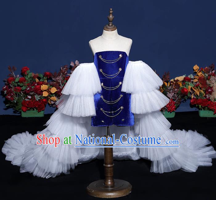 Girls Modern Fancywork Garment Costume Modern Show Clothing Children Fashion Catwalks Royal Blue Velvet Dress