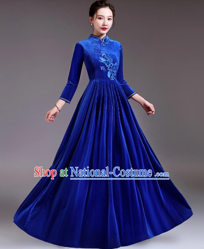 Professional Women Chorus Group Clothing Compere Royal Blue Velvet Dress Top Stage Performance Garment