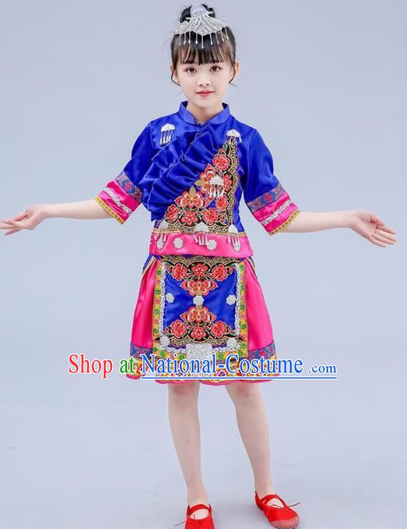 China Zhuang Nationality Royal Blue Dress Guangxi Ethnic Festival Clothing Minority Children Folk Dance Costume