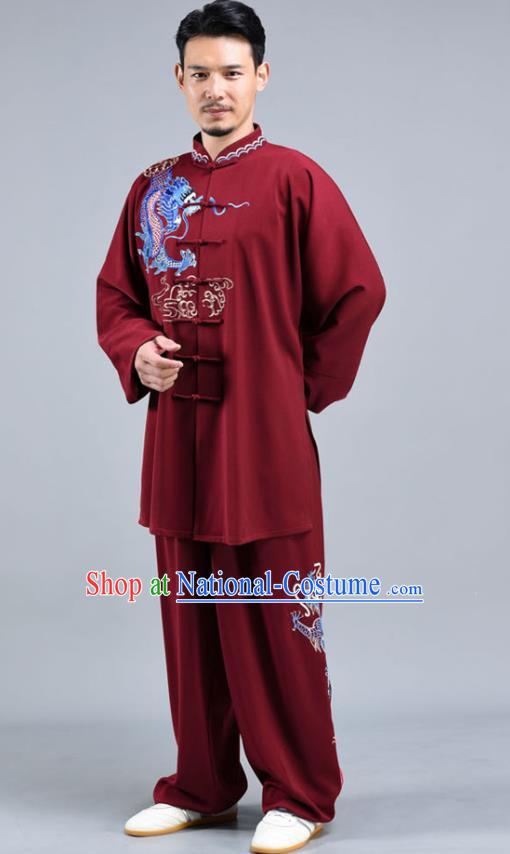 Chinese Tai Chi Competition Clothing Tai Ji Performance Maroon Outfits Traditional Embroidered Dragon Shirt and Pants Set