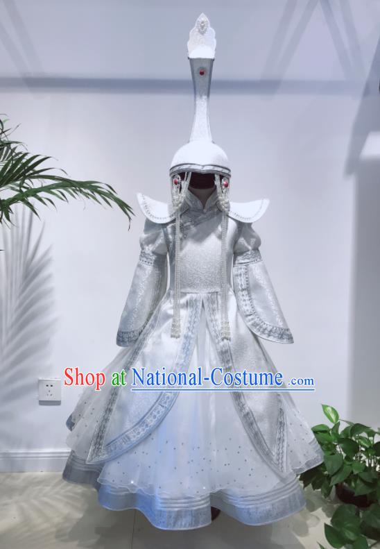 Chinese Mongolian Festival Performance Clothing Ethnic Folk Dance Costume Mongol Nationality Girl White Dress Garment and Hat