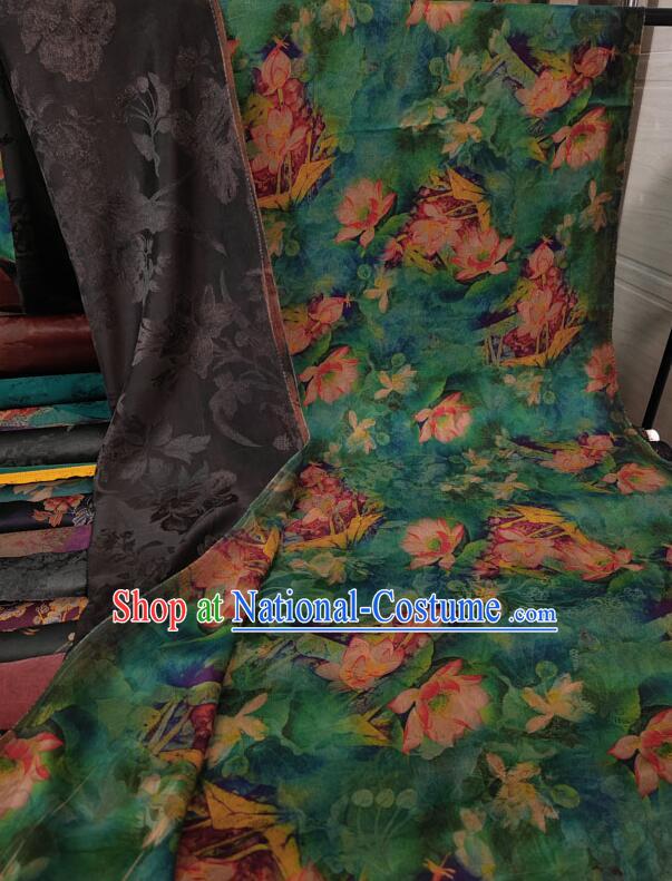 Chinese Classical Lotus Pattern Design Gambiered Guangdong Gauze Fabric Traditional Cheongsam Green Silk Material