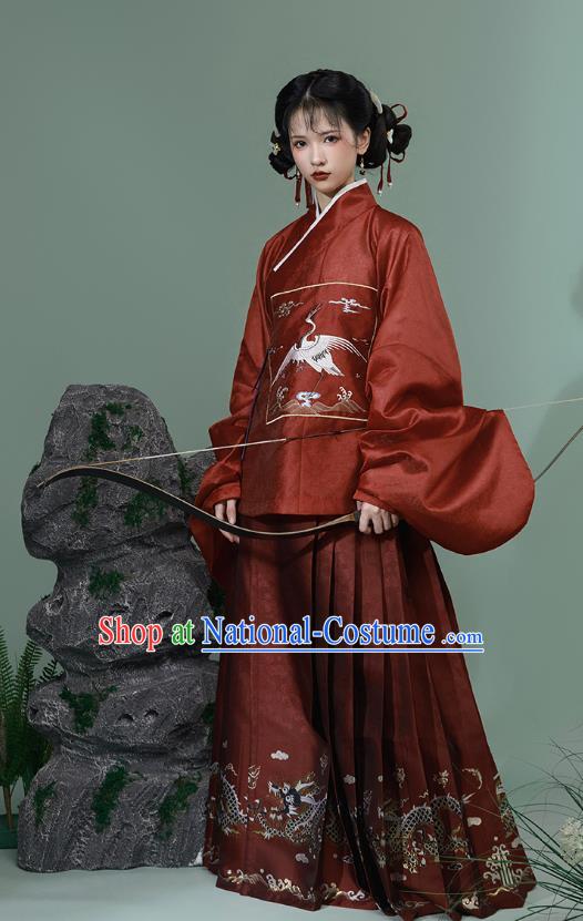 China Traditional Hanfu Ancient Young Woman Costumes Ming Dynasty Red Brocade Shirt and Skirt Complete Set