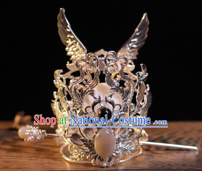 Handmade Silvery Crown and Hairpin Chinese Ancient Prince Hair Jewelries Top Hanfu Male Headgear