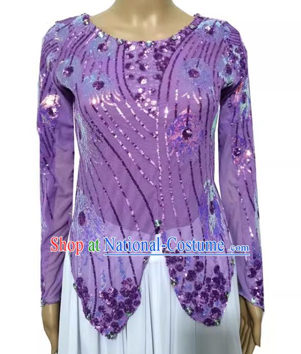Purple Chinese Xinjiang Dance Dress Mini Sharp Horn Vest Double Layer T-shirt with Sequin Phoenix Tail High Elastic Shining Four Seasons