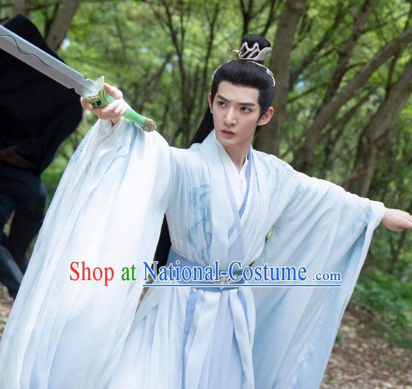 China Traditional Male Hanfu Romance Drama The Journey of Chong Zi Noble Childe Qin Ke Garments Ancient Swordsman Blue Costumes