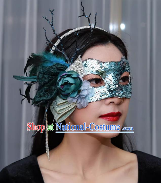Venetian Green Flower Mask Feather Masked Singer Halloween Carnival Ball Party Mask