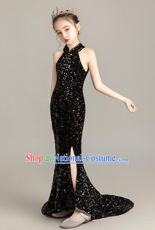 Girls Evening Dress Temperament Slim Mermaid Skirt Sequin Trailing Dress Children Host Model Catwalk Costumes