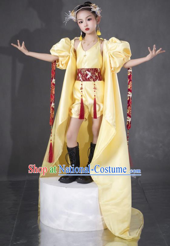 Girls Yellow Twenty Four Solar Terms Awakening Of Insects Dress Chinese Style Suit T Stage Show Catwalk Competition Suit